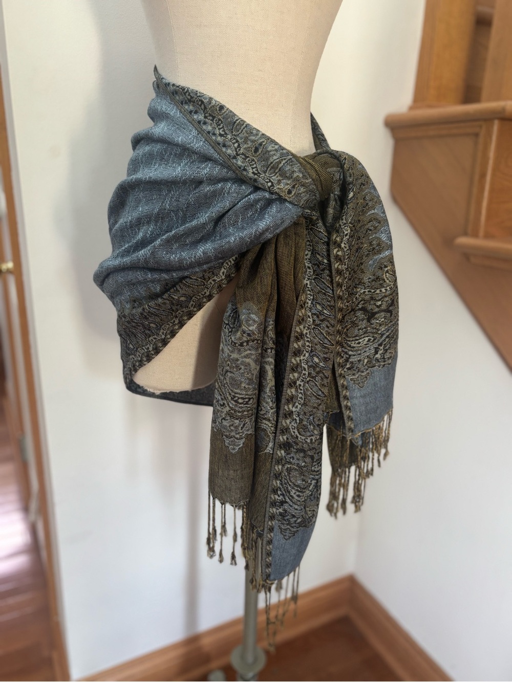Blue and Gold Paisley Print Pashmina Scarf with Fringe Hem
